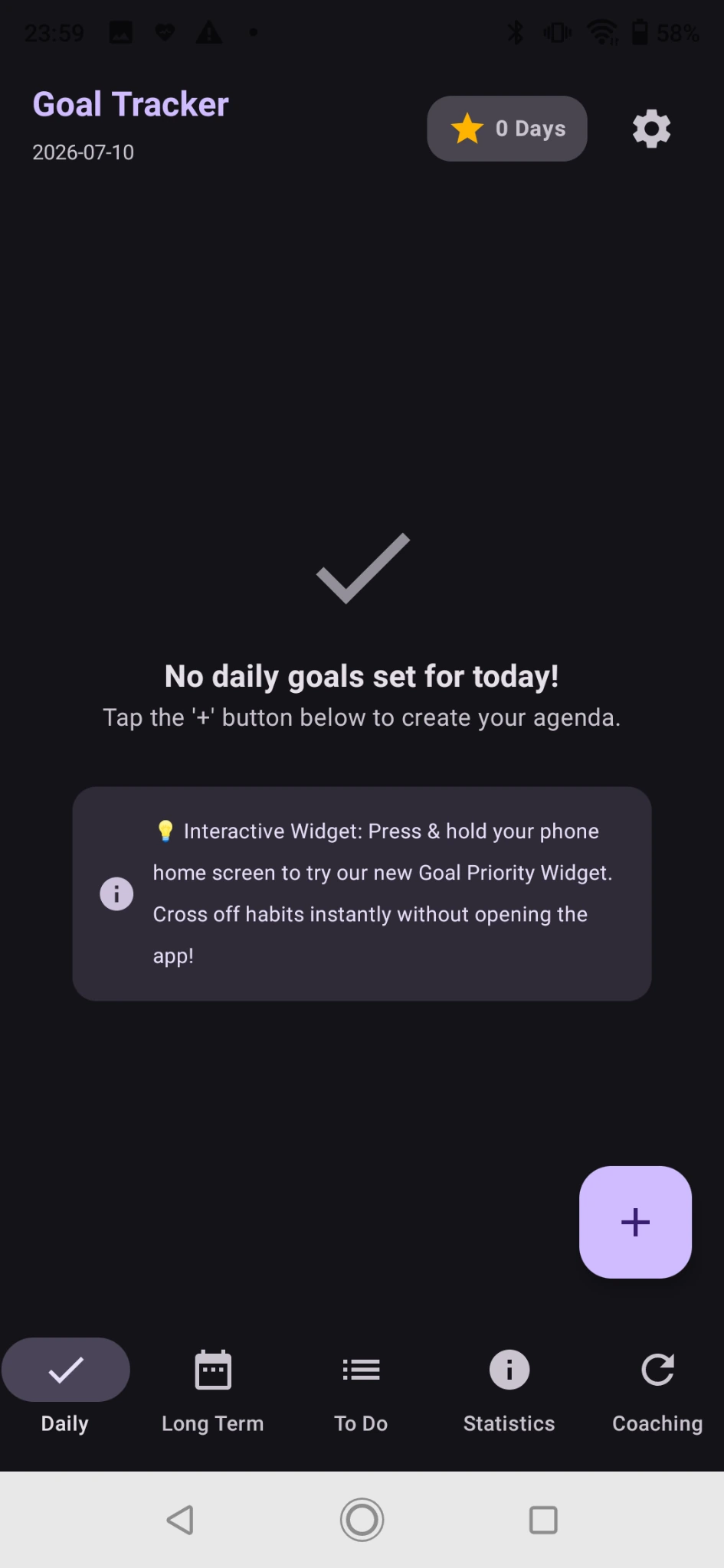 Easy Goal Tracker empty daily goals screen